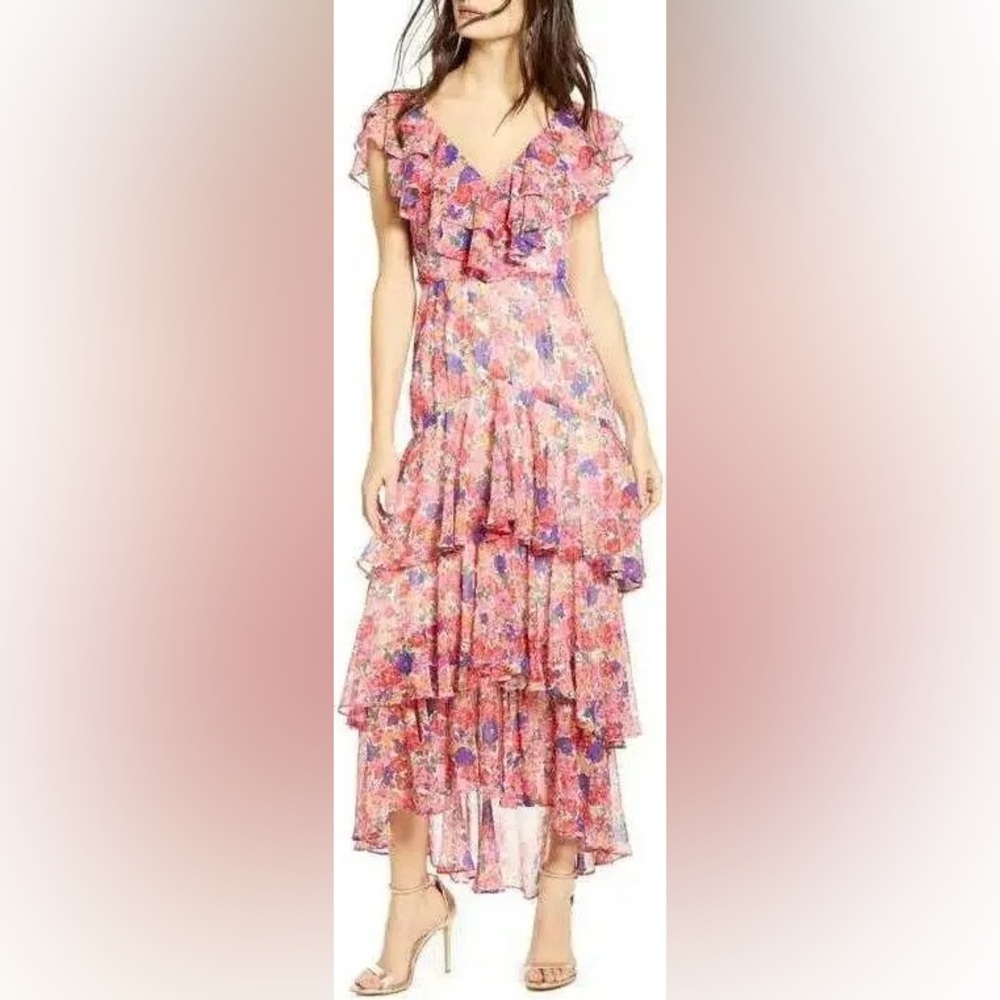 Wayf multi Color Floral Tiered High Low Maxi Dress